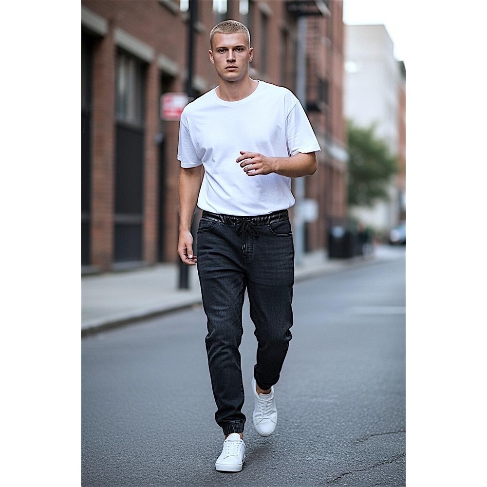 PD&C‎ Mens Dark Denim Black Faux Leather Jeans Joggers Streetwear Casual